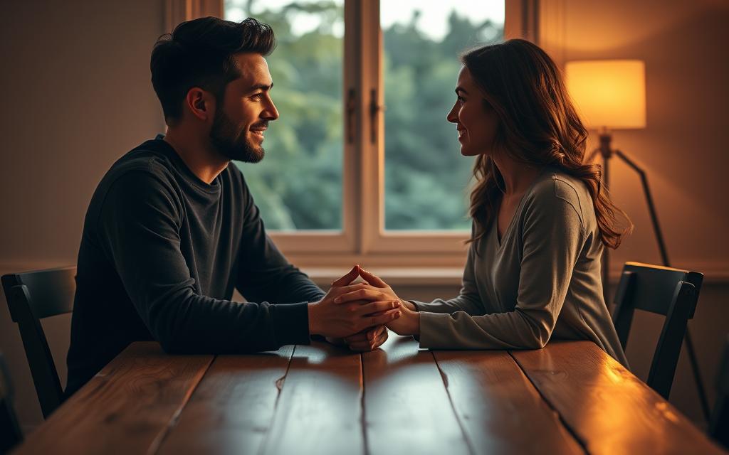 A couple sitting across a wooden table, facing each other with open, expressive body language. Soft, warm lighting illuminates their faces, creating an atmosphere of intimacy and trust. In the background, a window reveals a serene, natural landscape, symbolizing the openness and growth within their relationship. The couple's hands are clasped, conveying a sense of connection and understanding. Subtle hints of affection, such as a gentle gaze or a tender smile, suggest a deep emotional bond. The overall scene evokes a sense of harmony, vulnerability, and the power of honest communication to strengthen interpersonal ties.