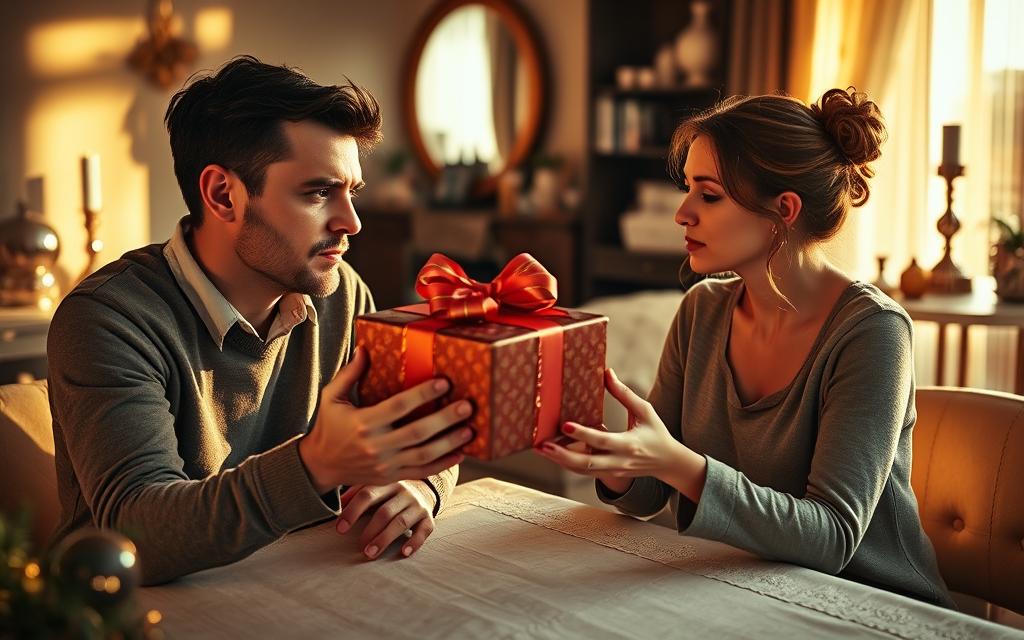 A couple sitting at a table, the man handing the woman an extravagant gift box, while she looks away with a strained expression. The scene is bathed in warm, golden light, casting long shadows that suggest a tense, uncomfortable atmosphere. In the background, the couple's living room is adorned with an excessive array of ornaments and decor, reflecting the man's apparent desperation to overcompensate. The camera angle is slightly elevated, creating a sense of emotional distance and detachment from the charged interaction unfolding before us. A couple sitting at a table, the man handing the woman an extravagant gift box, while she looks away with a strained expression. The scene is bathed in warm, golden light, casting long shadows that suggest a tense, uncomfortable atmosphere. In the background, the couple's living room is adorned with an excessive array of ornaments and decor, reflecting the man's apparent desperation to overcompensate. The camera angle is slightly elevated, creating a sense of emotional distance and detachment from the charged interaction unfolding before us.