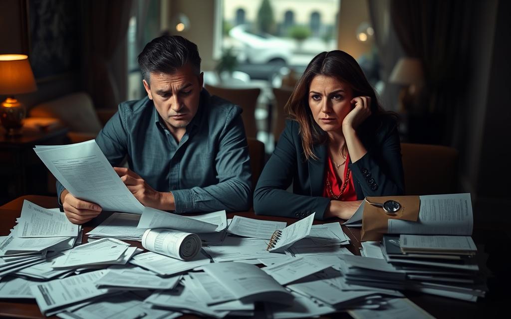 A couple sitting at a table, their expressions tense, surrounded by a disarray of financial documents, bank statements, and receipts. Harsh, dramatic lighting casts deep shadows, creating an atmosphere of unease and suspicion. In the background, a blurred view of an expensive home or luxury items, hinting at a lifestyle not aligned with their financial records. The composition emphasizes the disconnect between their outward appearance and the underlying financial inconsistencies, symbolizing the growing divide and mistrust in their relationship.