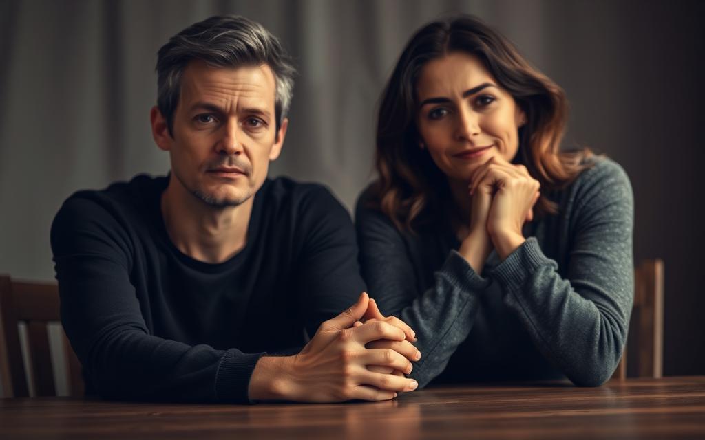 A couple sitting at a table, their hands clasped together, faces somber yet hopeful. The lighting is soft and intimate, casting a warm glow on the scene. The background is blurred, with muted colors that evoke a sense of privacy and introspection. The couple's body language conveys a sense of vulnerability and a desire to rebuild the trust that has been broken. The overall atmosphere is one of tentative progress, a delicate step towards healing and reconciliation.
