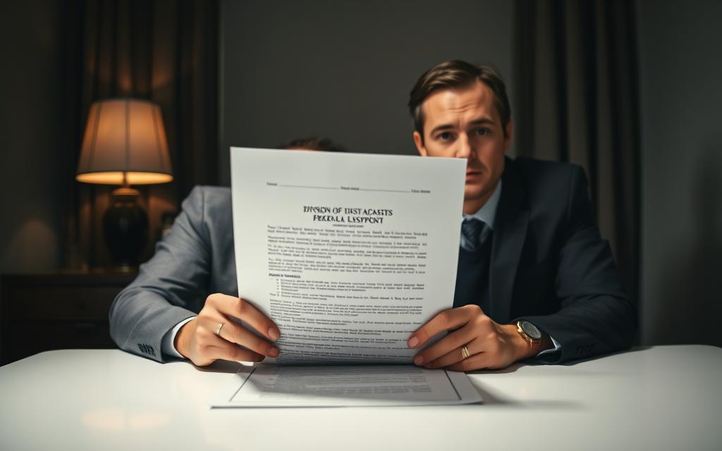 A couple sitting at a table, with an ominous legal document between them, symbolizing the division of assets due to infidelity. The man and woman have expressions of tension and distress, surrounded by a dimly lit, somber office environment. Soft, dramatic lighting casts shadows, creating a sense of unease. The scene is captured with a medium-wide angle lens, emphasizing the emotional weight of the situation. An air of uncertainty and the collapse of trust permeates the image, mirroring the implications of infidelity on marriage, assets, and spousal support. A couple sitting at a table, with an ominous legal document between them, symbolizing the division of assets due to infidelity. The man and woman have expressions of tension and distress, surrounded by a dimly lit, somber office environment. Soft, dramatic lighting casts shadows, creating a sense of unease. The scene is captured with a medium-wide angle lens, emphasizing the emotional weight of the situation. An air of uncertainty and the collapse of trust permeates the image, mirroring the implications of infidelity on marriage, assets, and spousal support.