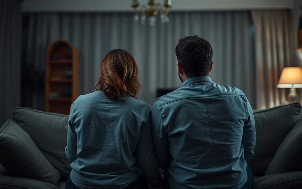 A couple sitting on a couch, faces turned away from each other, bodies language tense and distant. The living room is dimly lit, with a sense of emotional heaviness in the air. The background is blurred, hinting at the chaos and distractions of social media and digital devices that have crept into their relationship. The couple's expressions convey a lack of connection, as if they have lost the ability to communicate openly and authentically. The overall scene evokes a palpable sense of relationship strain and the erosion of trust and intimacy.