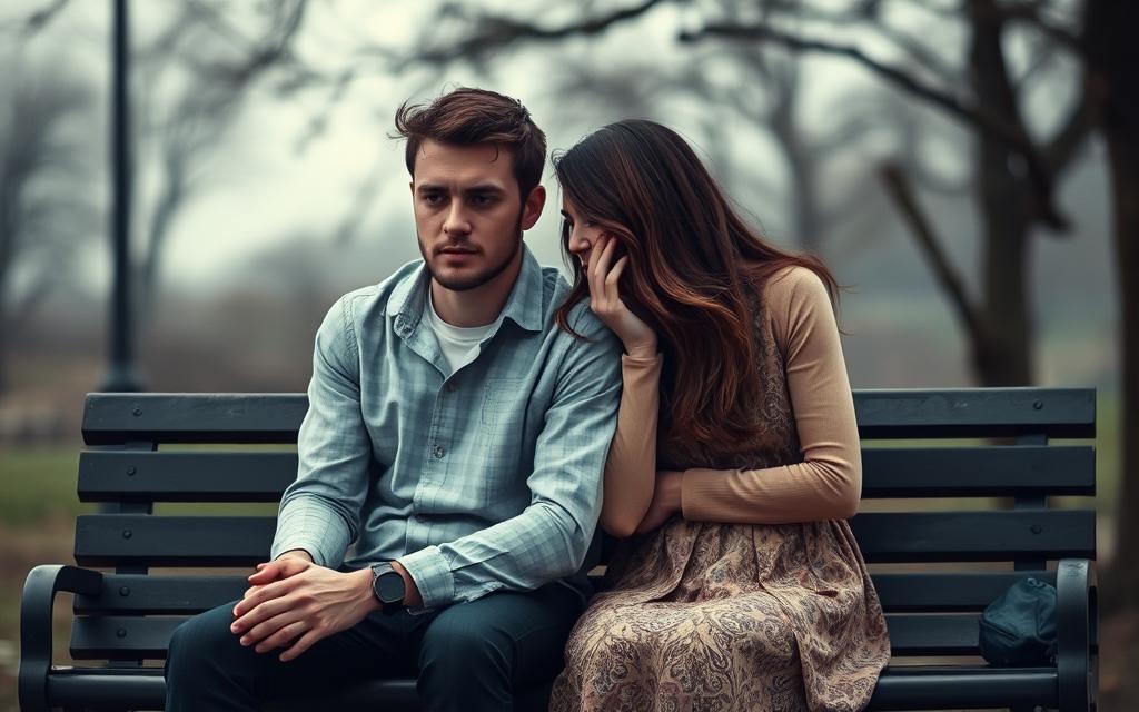 A couple sitting on a park bench, their body language tense and distant, their facial expressions conveying a sense of unease and mistrust. The background is blurred, with a sense of loneliness and isolation. The lighting is soft and muted, casting a melancholic tone over the scene. The image captures the subtle but powerful impact of social media on relationships, where trust issues and infidelity have become increasingly prevalent.