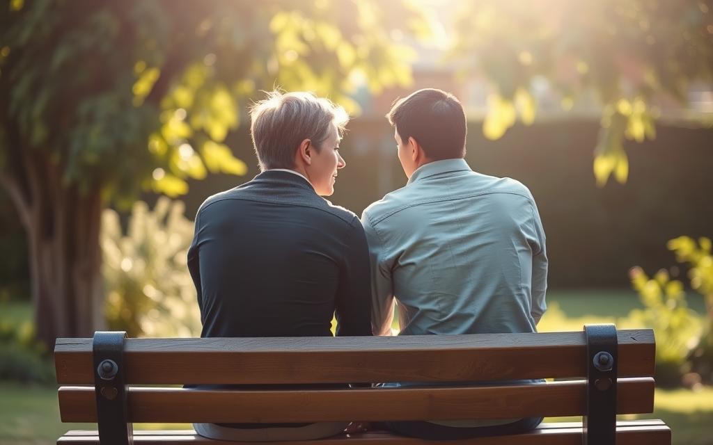 A couple sitting on a wooden bench, facing each other in a serene garden. Sunlight filters through the leaves, casting a warm glow on their faces as they engage in an intimate conversation. Their body language suggests a delicate balance - a mix of vulnerability, hope, and the desire to rebuild the trust that was once shattered. The background is slightly blurred, allowing the viewer to focus on the emotional connection between the two individuals. The scene conveys a sense of introspection, healing, and the gradual process of mending a broken bond.