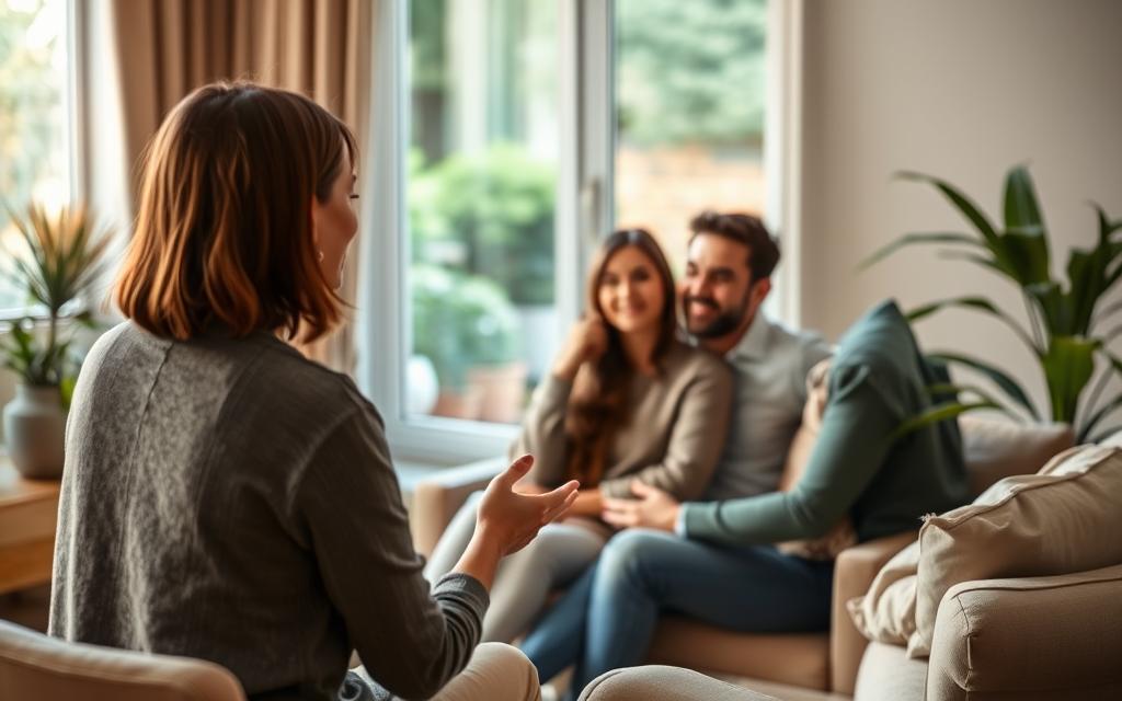A couple sitting together in a cozy, well-lit therapy office, their body language suggesting a sense of openness and trust. In the foreground, the therapist, a warm and empathetic figure, gestures gently as they guide the couple through a discussion. The background features soothing earth-toned decor and a large window overlooking a tranquil garden, creating a calming, nurturing atmosphere. The lighting is soft and natural, casting a gentle glow on the scene. The overall mood is one of healing, understanding, and the gradual rebuilding of trust.