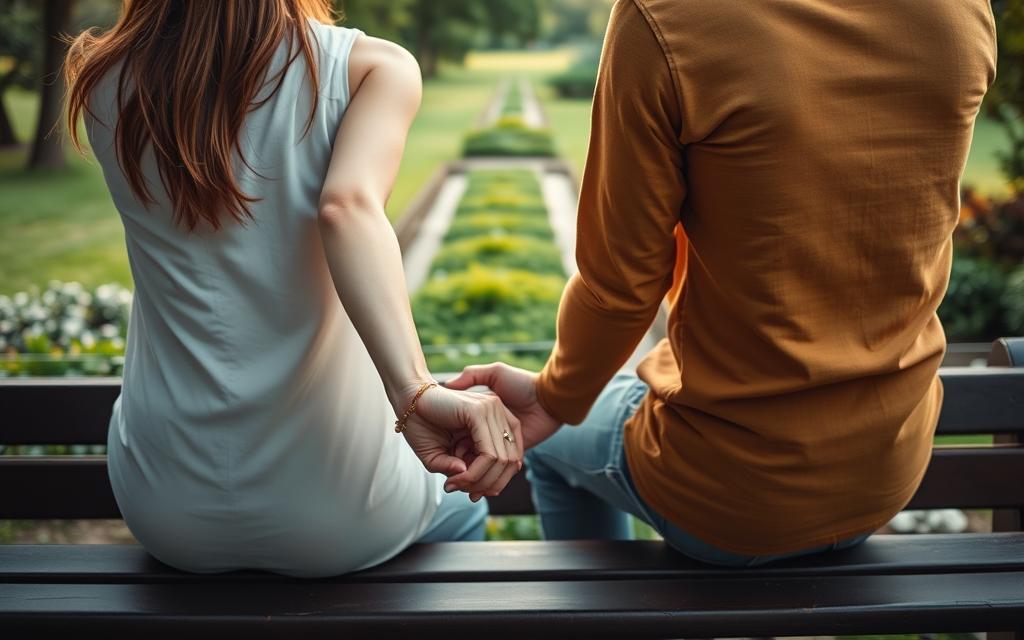 A couple sitting together on a park bench, their body language conveying a sense of emotional vulnerability and tentative reconnection. The foreground features their hands clasped together, fingers interlocked in a gesture of mutual trust and understanding. The middle ground showcases a lush, verdant garden, symbolizing the potential for growth and healing in their relationship. Soft, diffused lighting casts a warm, introspective glow, evoking a sense of intimacy and introspection. In the background, a path leading to a horizon, suggesting the journey ahead and the hope of rebuilding their connection.