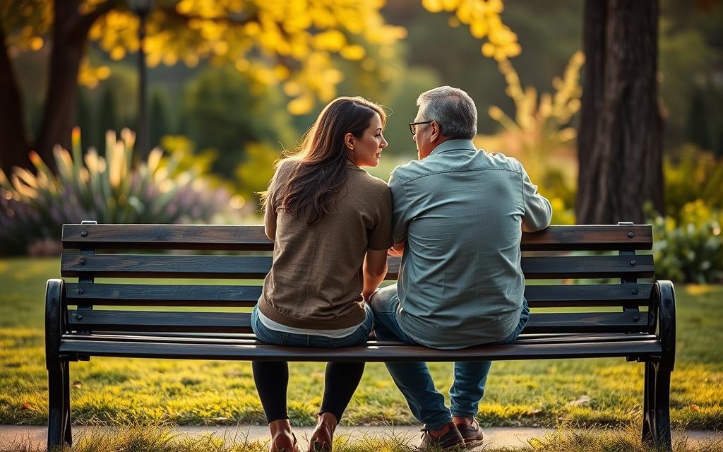 A couple sitting together on a park bench, their body language indicating a difficult but determined conversation. Soft, warm lighting casts a hopeful glow, as they gaze at each other, searching for understanding. In the background, a lush garden symbolizes the potential for renewal and growth. The scene conveys a sense of vulnerability, but also a willingness to work through the challenges of rebuilding trust after infidelity. A couple sitting together on a park bench, their body language indicating a difficult but determined conversation. Soft, warm lighting casts a hopeful glow, as they gaze at each other, searching for understanding. In the background, a lush garden symbolizes the potential for renewal and growth. The scene conveys a sense of vulnerability, but also a willingness to work through the challenges of rebuilding trust after infidelity.