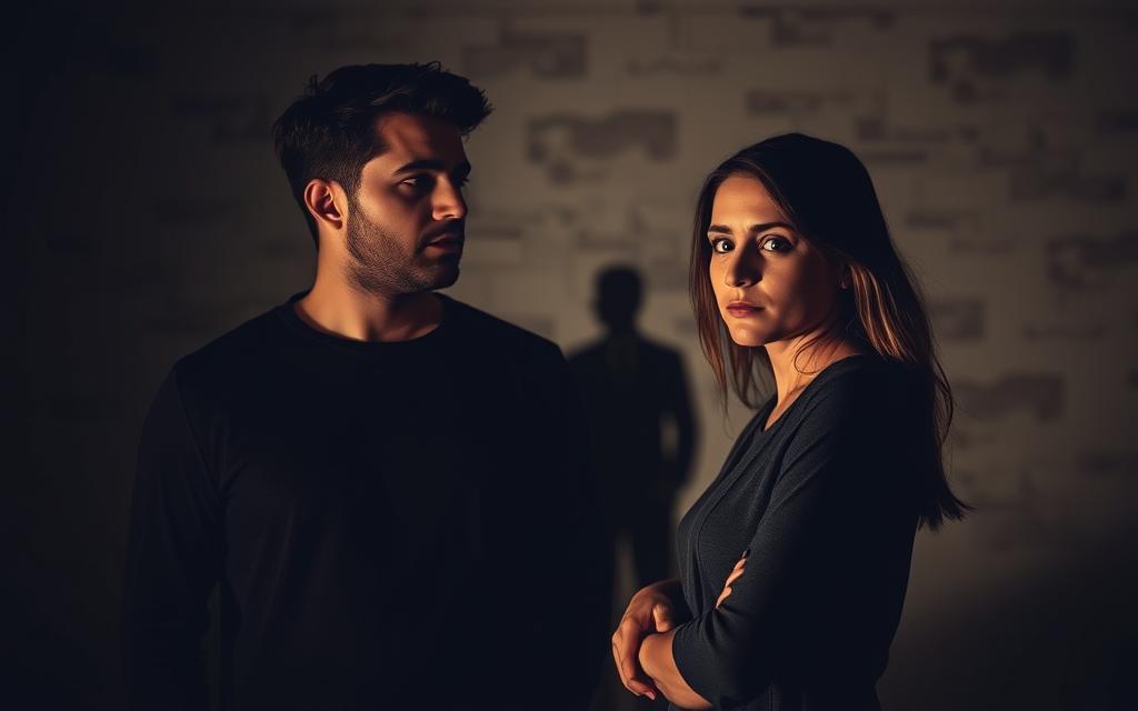 A couple stands at a crossroads, their shadows cast against a dimly lit wall. The man's gaze is drawn to an alluring, mysterious figure in the distance, while the woman's expression conveys a mixture of concern and resolve. Soft, warm lighting illuminates their faces, creating a sense of intimacy and vulnerability. The background is blurred, drawing the viewer's focus to the couple's emotional struggle. A sense of tension and uncertainty permeates the scene, inviting the viewer to empathize with the challenges of navigating marital temptations.