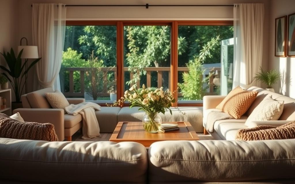 A cozy, intimate living room with soft lighting, plush seating, and natural elements. A large, comfortable couch in a neutral color dominates the foreground, inviting couples to sit and connect. Throw pillows and a knitted blanket add warmth and texture. In the middle ground, a low wooden coffee table holds a vase of fresh flowers, creating a calming, natural centerpiece. The background features a large window, letting in soft, diffused light and providing a serene view of a lush, verdant garden outside. The atmosphere is tranquil, soothing, and conducive to open, honest dialogue between partners.
