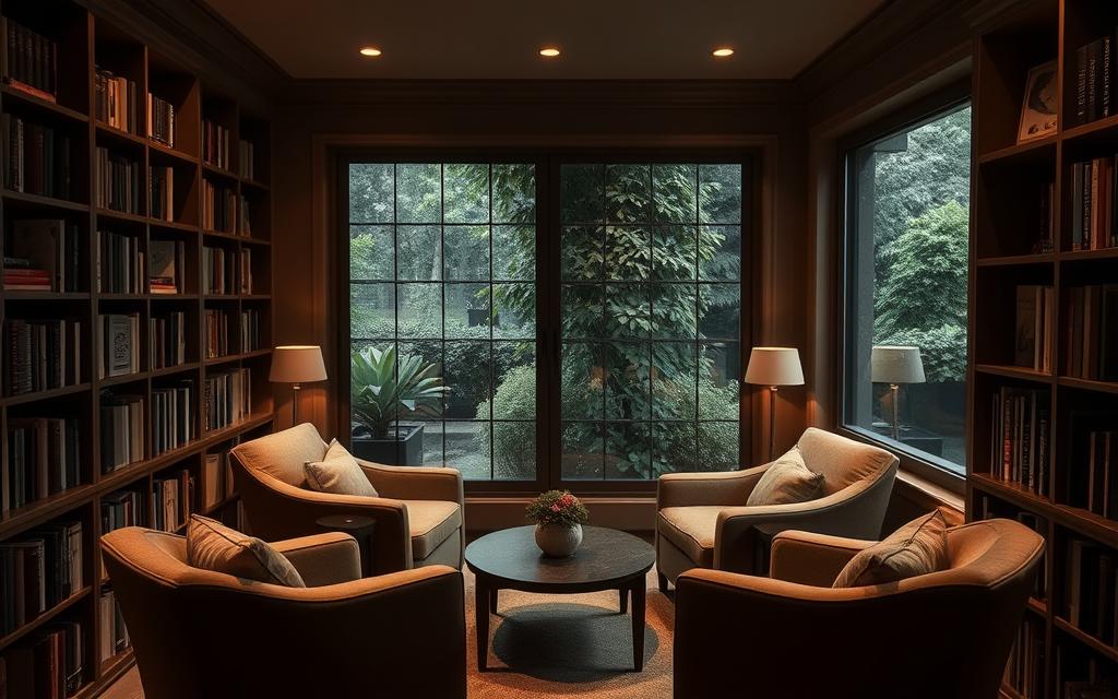 A cozy, intimate nook with soft, diffused lighting casting a warm glow. Plush armchairs upholstered in muted tones nestled around a low table, creating an atmosphere of privacy and comfort. Bookshelves line the walls, their muted colors adding depth and character. The large window overlooks a lush, verdant garden, providing a natural backdrop and a sense of seclusion. The overall mood is one of quiet contemplation, encouraging open and honest dialogue.
