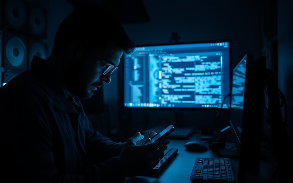 A darkened room, illuminated by the glow of digital displays and the faint hum of computer fans. In the foreground, a forensic analyst meticulously examines a smartphone, its screen reflecting the intensity of their gaze. Subtle shadows cast by the desk lamp create a sense of focus and purpose. In the middle ground, a high-resolution image of a computer desktop is projected onto a large screen, revealing a complex web of digital evidence. The background is shrouded in a hazy, atmospheric quality, suggesting the depth and complexity of digital forensics techniques. The overall mood is one of concentration, determination, and the pursuit of digital truth.