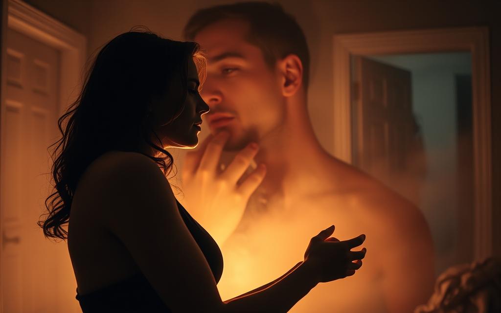 A deeply emotive, cinematic scene depicting the complex dynamics of an affair. In the foreground, two figures locked in a passionate embrace, their expressions conveying a mix of longing, guilt, and a fragile intimacy. The middle ground is shrouded in a hazy, dreamlike atmosphere, suggesting the disorienting nature of the situation. In the background, hints of a domestic setting - a half-open door, a discarded item of clothing - create a sense of the real-world consequences and emotional turmoil. Dramatic lighting casts dramatic shadows, heightening the sense of drama and internal conflict. The overall mood is one of intense, almost overwhelming emotion, reflecting the turmoil and complexity inherent in the dynamics of an affair.