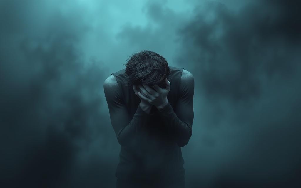 A deeply troubled individual, shoulders slumped, face hidden in their hands, surrounded by a hazy, dreamlike landscape. Shades of grey and blue dominate, conveying a sense of melancholy and emotional turmoil. Wispy, ghostly forms linger in the background, symbolic of the lingering psychological impact of infidelity. Soft, diffused lighting casts a mournful, introspective atmosphere. The figure is isolated, conveying the isolation and loneliness often experienced in the aftermath of a betrayal. The overall scene evokes a profound sense of anguish, anxiety, and the PTSD-like symptoms that can manifest following the discovery of a partner's infidelity.