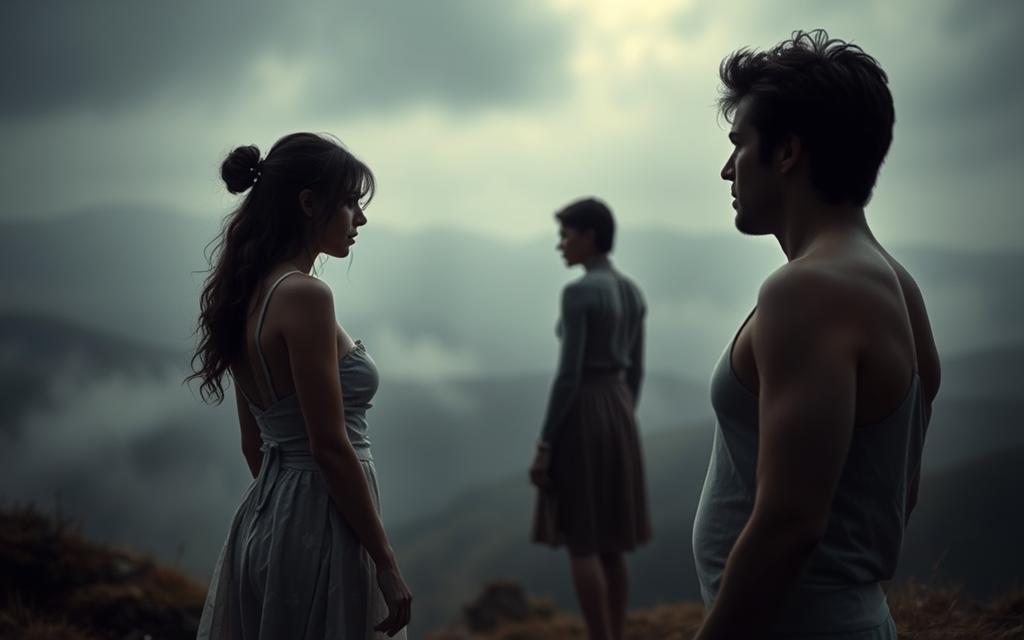 A detailed, cinematic scene depicting the contrast between emotional and physical infidelity. In the foreground, two figures stand apart, one consumed by emotional turmoil, the other distant and detached. Their body language and facial expressions convey the disconnect between their hearts and bodies. The middle ground is hazy, suggesting the blurred lines and inner conflicts. The background is a muted, melancholic landscape, the colors muted and the atmosphere heavy, reflecting the gravity of the situation. Soft, dramatic lighting casts dramatic shadows, highlighting the emotional weight of the scene. A sense of tension and unease permeates the image, inviting the viewer to ponder the complex psychology of infidelity. A detailed, cinematic scene depicting the contrast between emotional and physical infidelity. In the foreground, two figures stand apart, one consumed by emotional turmoil, the other distant and detached. Their body language and facial expressions convey the disconnect between their hearts and bodies. The middle ground is hazy, suggesting the blurred lines and inner conflicts. The background is a muted, melancholic landscape, the colors muted and the atmosphere heavy, reflecting the gravity of the situation. Soft, dramatic lighting casts dramatic shadows, highlighting the emotional weight of the scene. A sense of tension and unease permeates the image, inviting the viewer to ponder the complex psychology of infidelity.