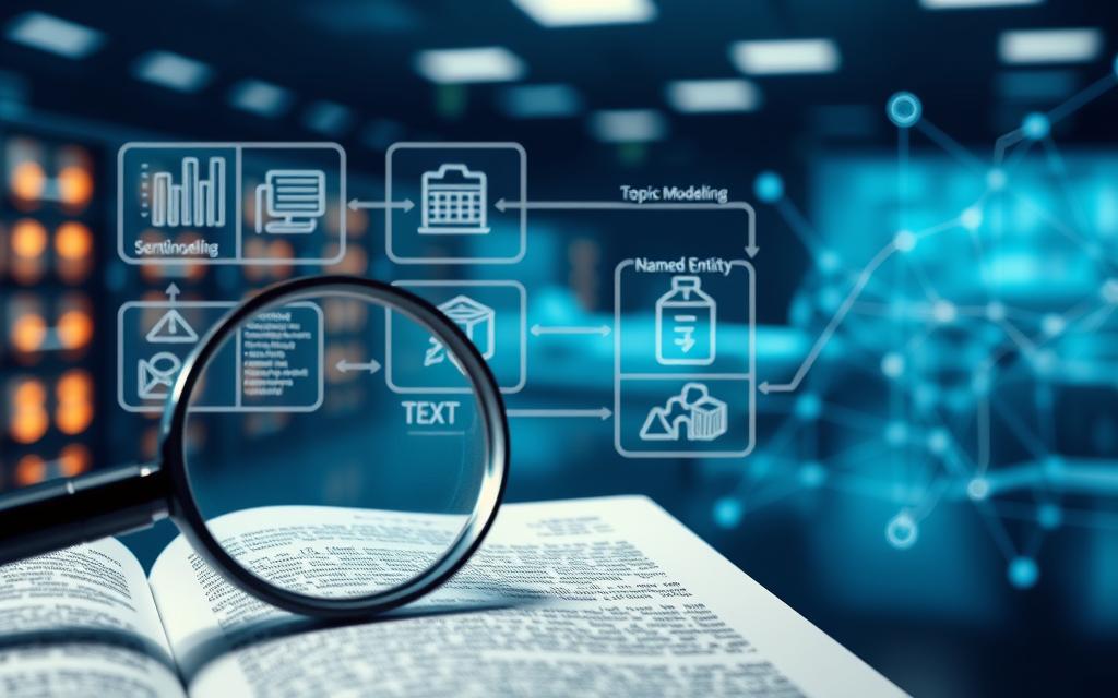 A detailed technical diagram showcasing various text analysis techniques. In the foreground, a close-up view of a magnifying glass hovering over a page of text, highlighting key linguistic patterns and structures. In the middle ground, visualizations of natural language processing algorithms, such as sentiment analysis, topic modeling, and named entity recognition, displayed in a clean, minimalist style. In the background, a softly blurred landscape of data servers and abstract data flows, symbolizing the computational power required for advanced text analytics. The image is bathed in a cool, scientific lighting, conveying a sense of precision and intellectual rigor. The overall mood is one of analytical depth and investigative discovery.
