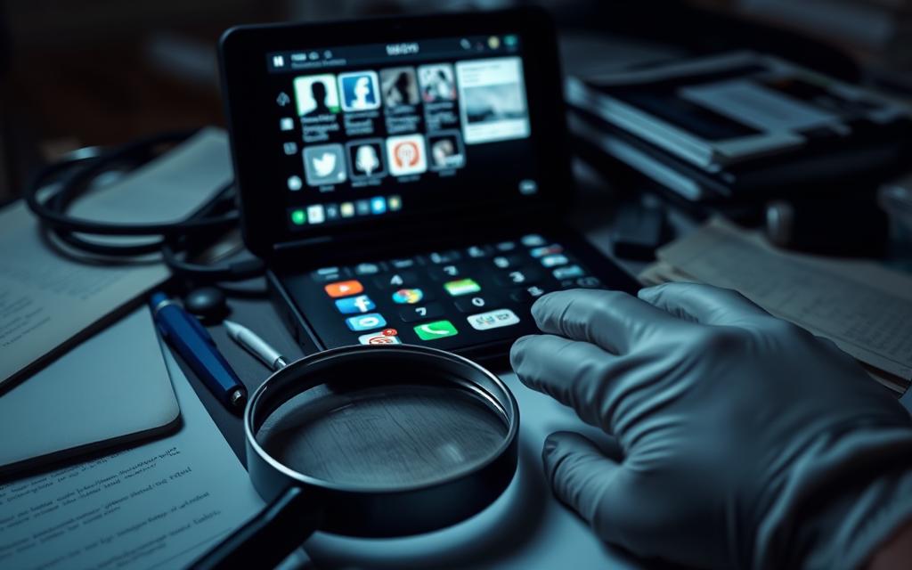A digital device, its screen displaying various social media and messaging app interfaces, sits on a cluttered desk. The device's camera and microphone are highlighted, implying covert surveillance. In the foreground, a magnifying glass and a pair of latex gloves suggest a forensic investigation. The lighting is dim, with a sense of tension and seriousness, evoking the gravity of the subject matter. The overall composition conveys the idea of uncovering hidden digital evidence of infidelity, as per the article's section title.