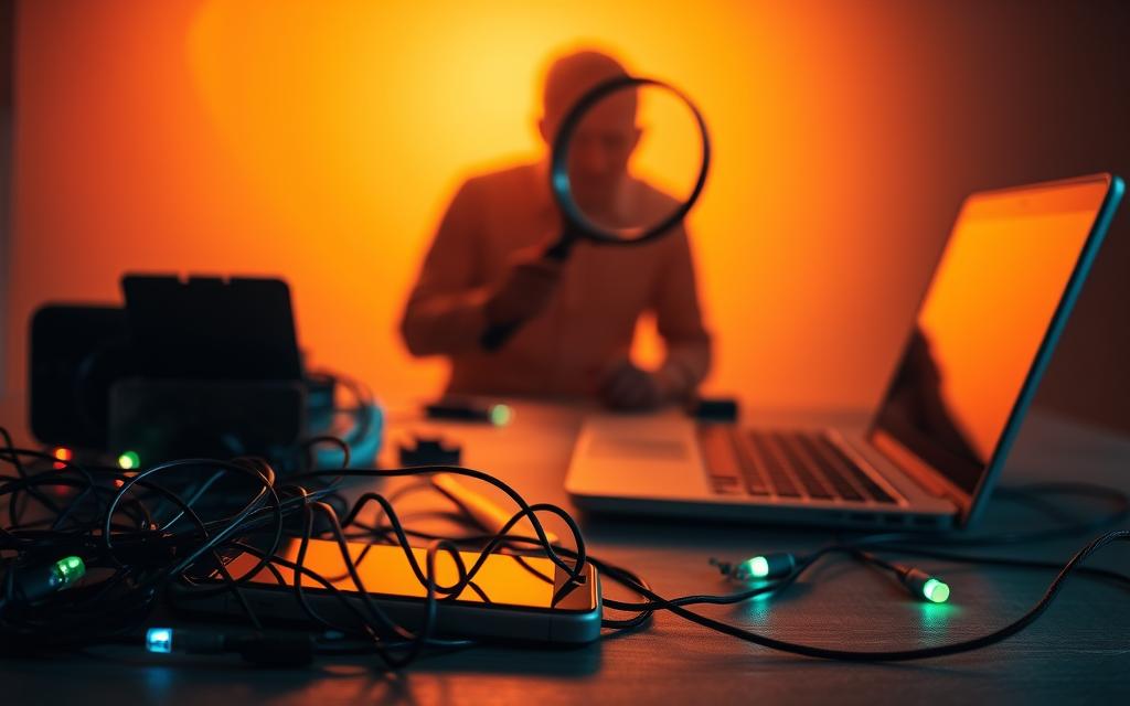 A digital privacy-themed still life, backlit by a warm, ambient glow. In the foreground, a smartphone with its screen turned away, signaling a secretive digital presence. Surrounding it, a tangle of tangled wires, blinking LED indicators, and a partially opened laptop, hinting at hidden digital activities. In the middle ground, a magnifying glass hovering, casting a suspicious gaze. In the background, a shadowy, hazy silhouette of a person, conveying a sense of unease and the feeling of being watched. The overall mood is one of cautious suspicion, with a sense of unease and the subtle suggestion of digital deception.