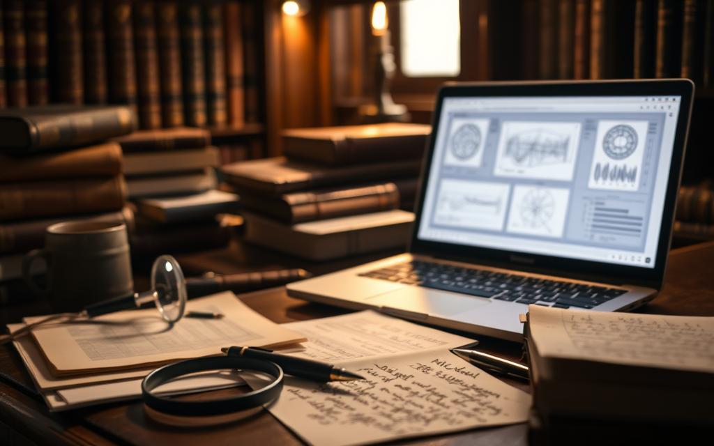 A dimly lit academic study, adorned with leather-bound books and a mahogany desk. In the center, a laptop displays intricate graphs and charts, the subject of stylometric analysis. Surrounding it, various tools of the trade - a magnifying glass, a stack of handwritten documents, and a pen poised over a notebook. The atmosphere is one of scholarly contemplation, as if the viewer has stumbled upon a professor's private workspace, the process of verifying authorship unfolding before their eyes. Soft, warm lighting casts gentle shadows, creating a sense of depth and mystery. The overall composition suggests the meticulous, analytical nature of this field of study.
