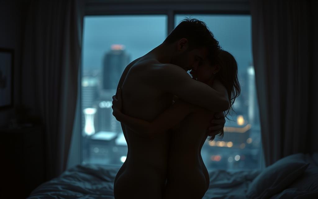 A dimly lit bedroom scene, soft lighting illuminating the subjects. In the foreground, two figures intertwined in a passionate embrace, their bodies entangled in a desperate search for intimacy. Expressions of yearning and vulnerability etched on their faces. In the background, a blurred vista of modern life, a metaphor for the disconnect between fleeting physical connection and the deeper emotional needs. Cinematic composition, with the figures in sharp focus, the background subtly out of focus. A palpable tension between momentary gratification and the underlying longing for true intimacy.