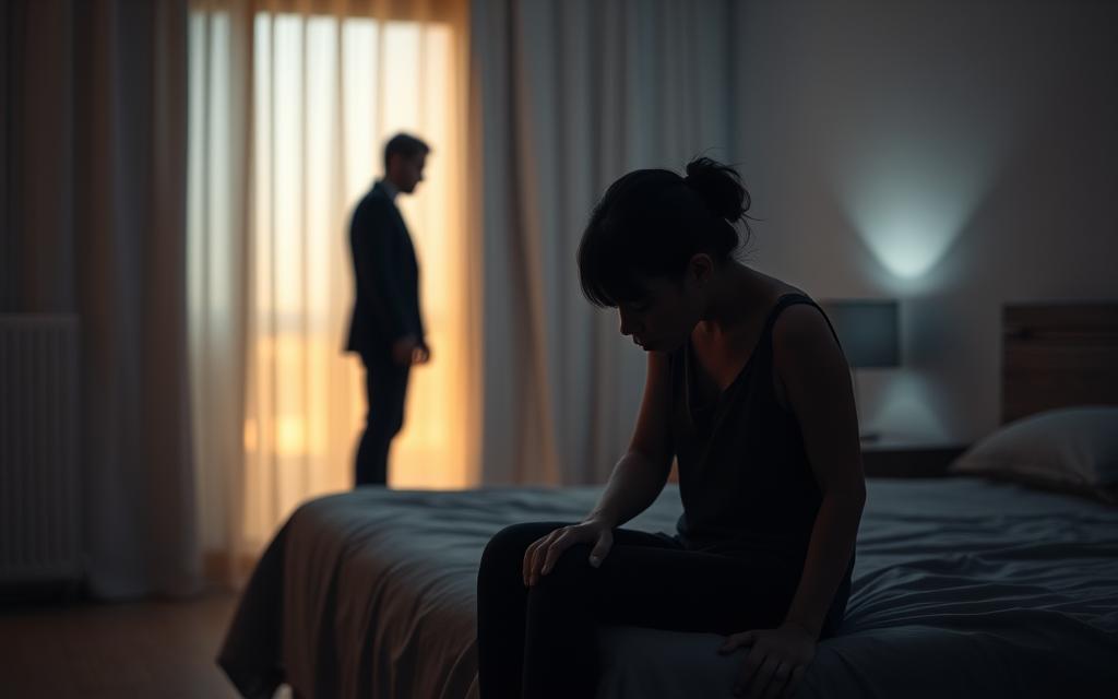 A dimly lit bedroom scene with soft, warm lighting. In the foreground, a person sits alone on the edge of a bed, their head in their hands, expression conveying deep sadness and emotional turmoil. In the middle ground, a shadowy figure stands in the corner, representing the idea of infidelity and its impact. The background is blurred, suggesting a sense of isolation and disconnection. The overall atmosphere is one of melancholy, introspection, and the weight of unresolved attachment issues stemming from childhood experiences.