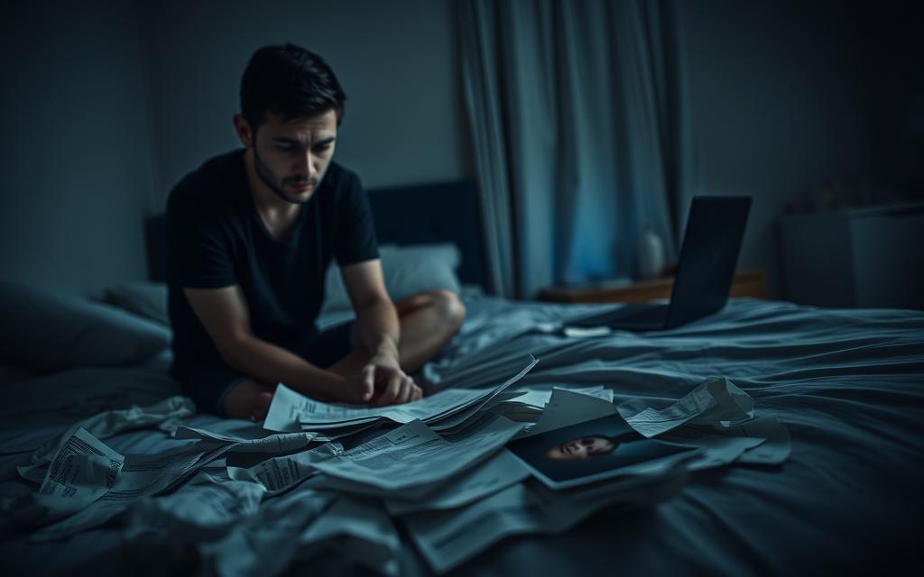 A dimly lit bedroom, the air thick with tension. A person sits on the edge of the bed, brow furrowed, eyes scanning through piles of evidence - crumpled receipts, suspicious text messages, a faded photograph. The room is cast in soft, sombre lighting, creating an atmosphere of quiet unease. In the background, a laptop screen casts an eerie glow, hinting at digital trails leading to the truth. The composition is focused, intimate, conveying the emotional weight of the situation and the need to carefully gather the facts before taking any action.