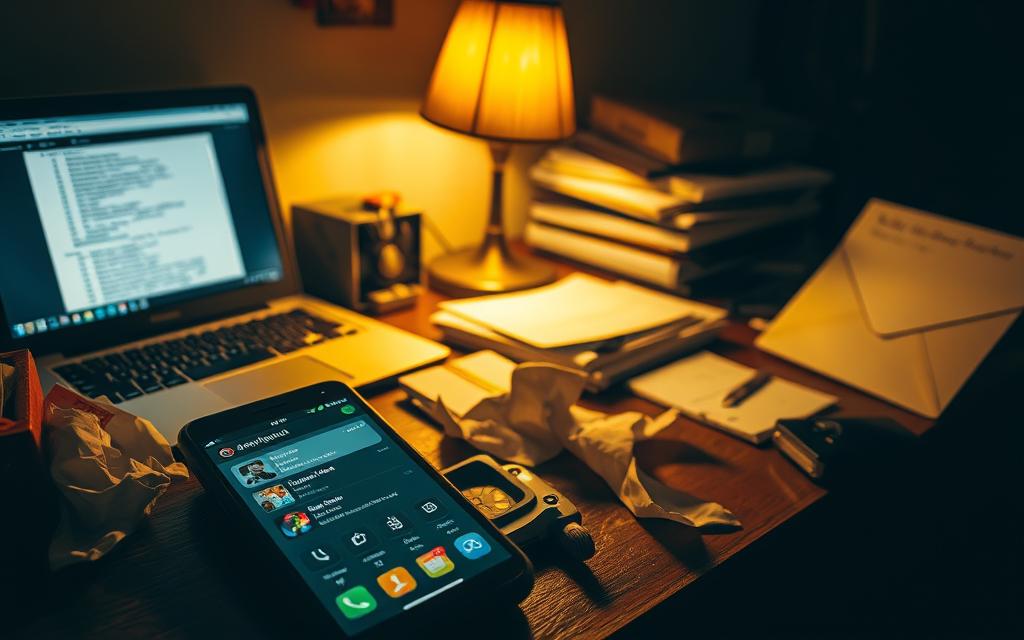 A dimly lit, cluttered home office with a desk strewn with crumpled papers, a laptop open to a suspicious browser history, and a half-hidden envelope addressed to a mysterious recipient. The scene is bathed in the warm glow of a single desk lamp, casting long shadows and a sense of unease. In the foreground, a cell phone displays recent calls and text messages, hinting at a web of deception. The overall atmosphere is one of tense uncertainty, as if the viewer has stumbled upon the physical remnants of a betrayal.