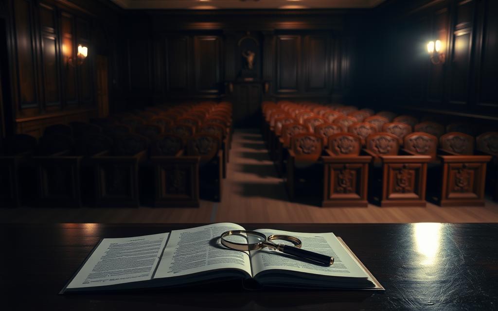 A dimly lit courtroom, the atmosphere heavy with anticipation. In the foreground, a desk adorned with an open book, a magnifying glass, and carefully organized documents - the tools of legal evidence. In the middle ground, rows of oak benches, their carved designs casting shadows on the polished floor. The background is shrouded in a soft, somber lighting, emphasizing the gravity of the proceedings. The scene conveys a sense of professionalism and attention to detail, reflecting the exacting standards required to navigate the legal process of divorce and infidelity. The image should evoke a sense of seriousness and the importance of meticulous preparation.