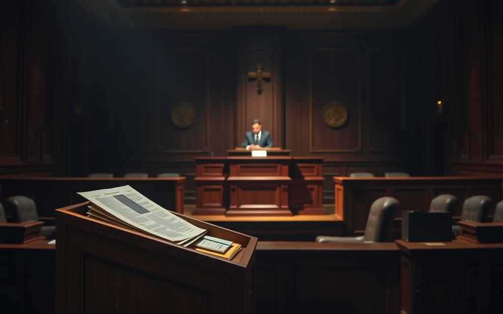 A dimly lit courtroom, the atmosphere solemn and authoritative. In the foreground, a wooden lectern stands, its surface adorned with meticulously organized legal documents and evidence, symbolizing the meticulous standards required to establish proof of infidelity. The middle ground is occupied by a witness stand, illuminated by a single spotlight, casting dramatic shadows that convey the gravity of the proceedings. In the background, the judge's bench looms, its imposing presence a reminder of the high bar for legal proof. The overall scene evokes a sense of seriousness, attention to detail, and the weight of the legal system in matters of personal relationships. A dimly lit courtroom, the atmosphere solemn and authoritative. In the foreground, a wooden lectern stands, its surface adorned with meticulously organized legal documents and evidence, symbolizing the meticulous standards required to establish proof of infidelity. The middle ground is occupied by a witness stand, illuminated by a single spotlight, casting dramatic shadows that convey the gravity of the proceedings. In the background, the judge's bench looms, its imposing presence a reminder of the high bar for legal proof. The overall scene evokes a sense of seriousness, attention to detail, and the weight of the legal system in matters of personal relationships.