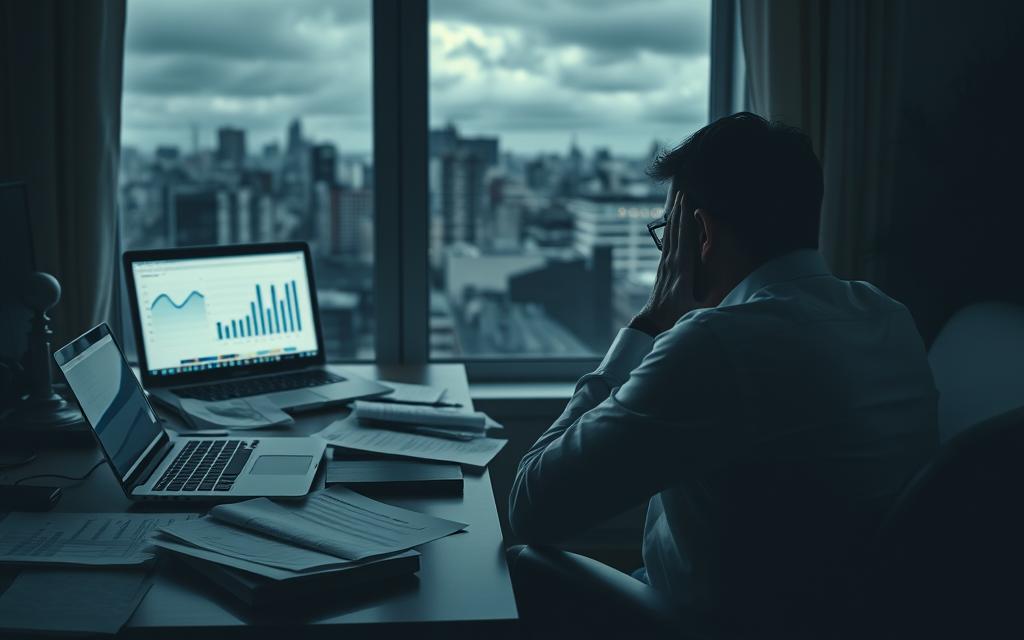 A dimly lit home office, financial documents scattered across the desk, a laptop displaying charts and graphs. In the foreground, a man sits with his head in his hands, expression pained, the weight of financial strain and custody battles evident in his posture. Through the window, a gloomy skyline reflects the somber mood. Subtle lighting casts shadows, creating a sense of isolation and the overwhelming burden of the situation. The image conveys the profound emotional and financial toll that infidelity can have on divorce proceedings and child custody negotiations.