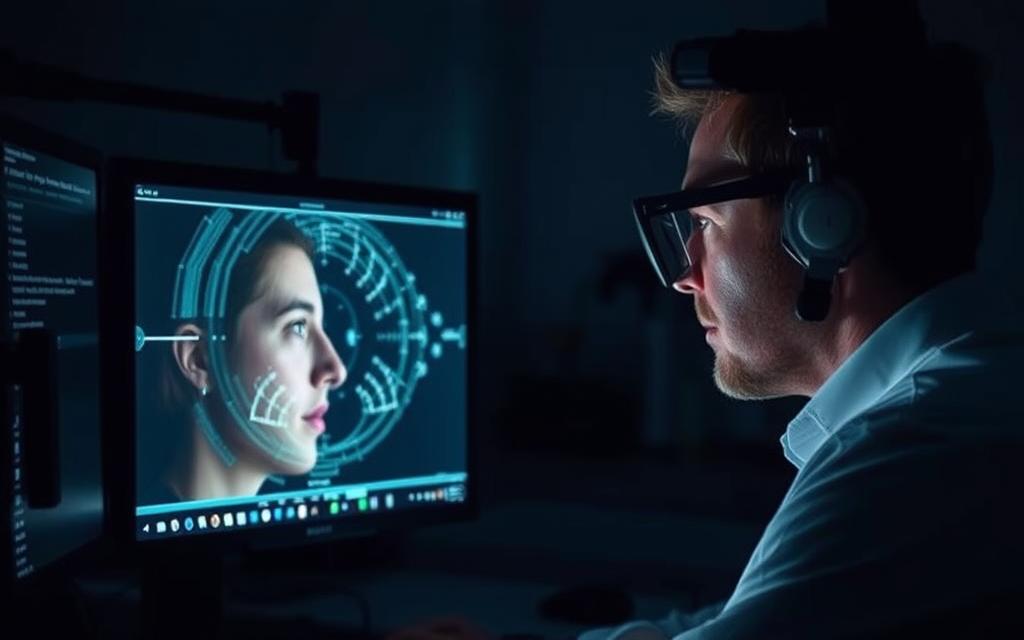 A dimly lit laboratory setting, with a researcher intently observing the eye movements of a subject on a computer monitor. The subject's face is partially obscured, creating an air of mystery and intrigue. Cutting-edge eye-tracking technology is meticulously positioned, capturing subtle shifts in the subject's gaze. The room is filled with a sense of scientific inquiry, as the researcher delves into the complexities of lie detection through the lens of eye movement analysis. Soft, directional lighting casts dramatic shadows, emphasizing the focus and concentration of the study. The overall atmosphere is one of scientific rigor and the pursuit of understanding the nuances of human deception.