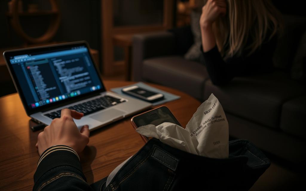 A dimly lit living room, a mobile phone on a table, a woman's hand reaching for it suspiciously, a laptop open displaying suspicious browser history, a crumpled receipt from a fancy restaurant tucked away in a pocket - these are the common signs of potential infidelity. The scene is bathed in a warm, moody lighting, creating an atmosphere of tension and uncertainty. The camera angle is slightly elevated, giving a sense of unease and observation. The focus is sharp on the key elements, drawing the viewer's attention to the subtle clues that may indicate a breach of trust.