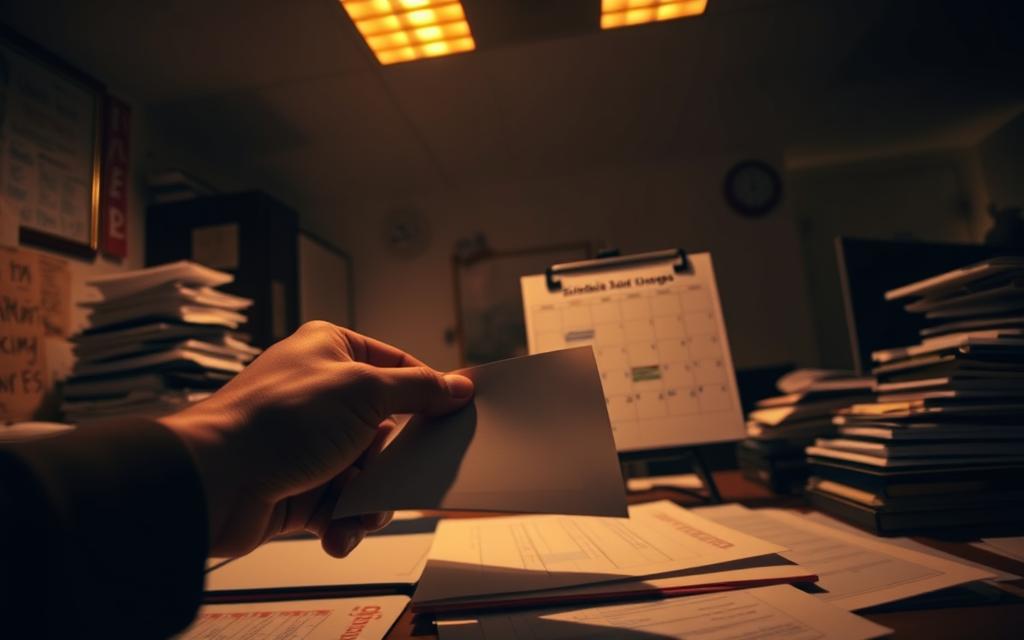 A dimly lit office, a cluttered desk with stacks of papers and a calendar showing schedule changes. In the foreground, a hand discreetly moving documents, hinting at hidden agendas. The atmosphere is tense, with shadows casting an air of mystery and secrecy. Warm, amber lighting illuminates the scene, creating a sense of unease and the feeling that something is being concealed. The camera angle is low, giving the viewer a sense of being an unseen observer, privy to a private moment of deception. The image evokes a sense of suspicion and the need to uncover the truth behind the schedule changes. A dimly lit office, a cluttered desk with stacks of papers and a calendar showing schedule changes. In the foreground, a hand discreetly moving documents, hinting at hidden agendas. The atmosphere is tense, with shadows casting an air of mystery and secrecy. Warm, amber lighting illuminates the scene, creating a sense of unease and the feeling that something is being concealed. The camera angle is low, giving the viewer a sense of being an unseen observer, privy to a private moment of deception. The image evokes a sense of suspicion and the need to uncover the truth behind the schedule changes.