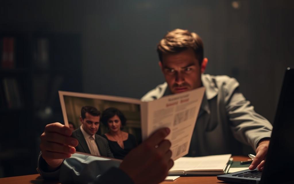 A dimly lit office, a private investigator sitting at a desk, intently studying a photograph of a couple. The image is slightly blurred, as if seen through a telephoto lens. The investigator's expression is one of concentration, brow furrowed, as they meticulously examine the details, searching for clues that might identify the unfaithful partner. The background is hazy, with a sense of mystery and intrigue, suggesting the covert nature of the investigation. Soft, warm lighting casts shadows across the scene, creating a moody, atmospheric ambiance.