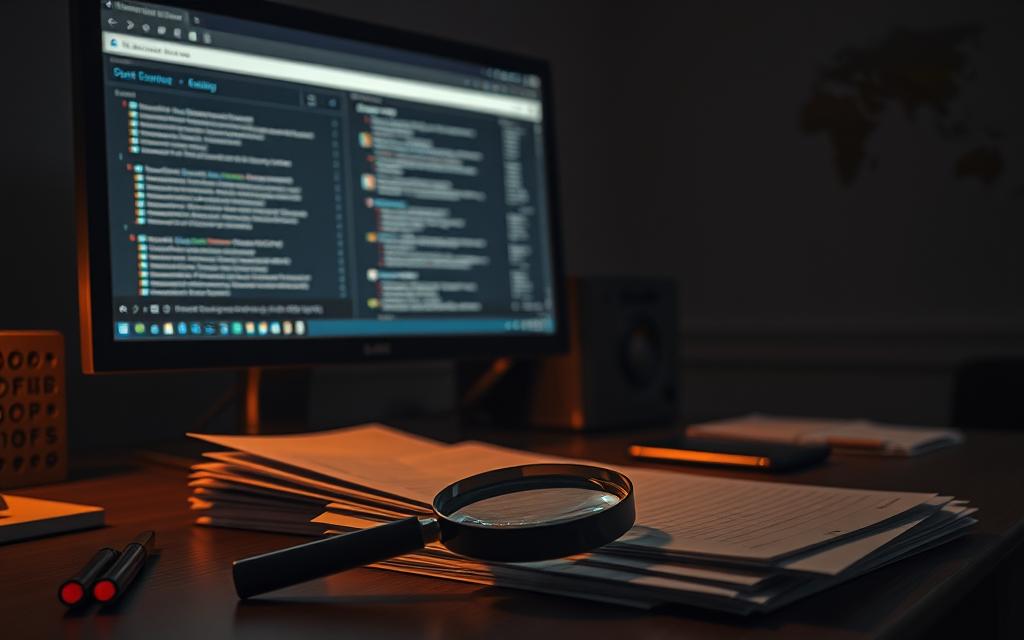 A dimly lit office setting, with a computer monitor displaying various search windows and databases. In the foreground, a magnifying glass rests on a stack of documents, hinting at the meticulous investigation underway. The middle ground features a desk, with a pen, notepad, and a mobile device, symbolizing the multifaceted approach to gathering information. The background depicts a world map, suggesting the global reach of the open-source intelligence gathering. Warm lighting casts a pensive mood, while the overall composition conveys a sense of focused determination in uncovering the truth.