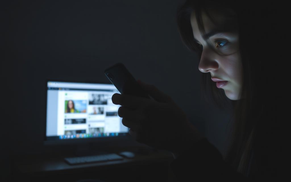 A dimly lit room, a person's hands holding a smartphone, their eyes transfixed on the glowing screen. In the background, a computer monitor displays various social media platforms, their feeds brimming with constant activity. The atmosphere is tense, with a sense of disconnection and unease permeating the scene. The lighting is soft and moody, casting shadows that hint at the individual's divided attention and potential emotional turmoil. The composition emphasizes the central focus on the phone, drawing the viewer's eye to the subtle, yet telling, signs of modern relationship dynamics and the potential for infidelity.