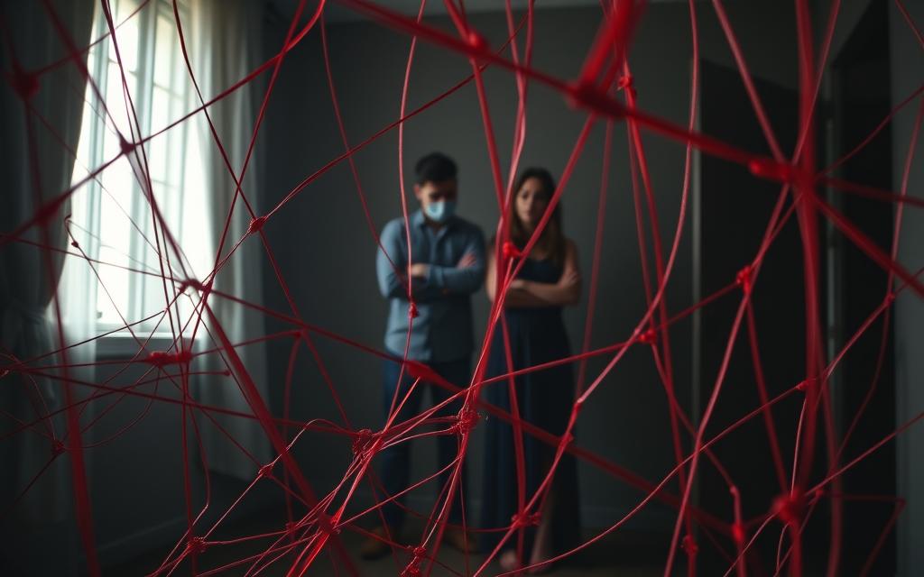 A dimly lit room, a sense of unease and distrust. In the foreground, a tangled web of red strings representing the 'red flags' in a troubled relationship - crossed arms, averted gazes, defensive postures. The middle ground shows a couple, their body language tense and withdrawn, the trust between them fractured. In the background, shadows loom, hinting at hidden deceptions and betrayals. The lighting is moody, casting an ominous atmosphere, as if something sinister lurks beneath the surface. The camera angle is slightly low, emphasizing the overwhelming sense of discomfort and unease. This image captures the essence of recognizing and addressing the disregard and red flags that can signal deeper issues in a partnership.