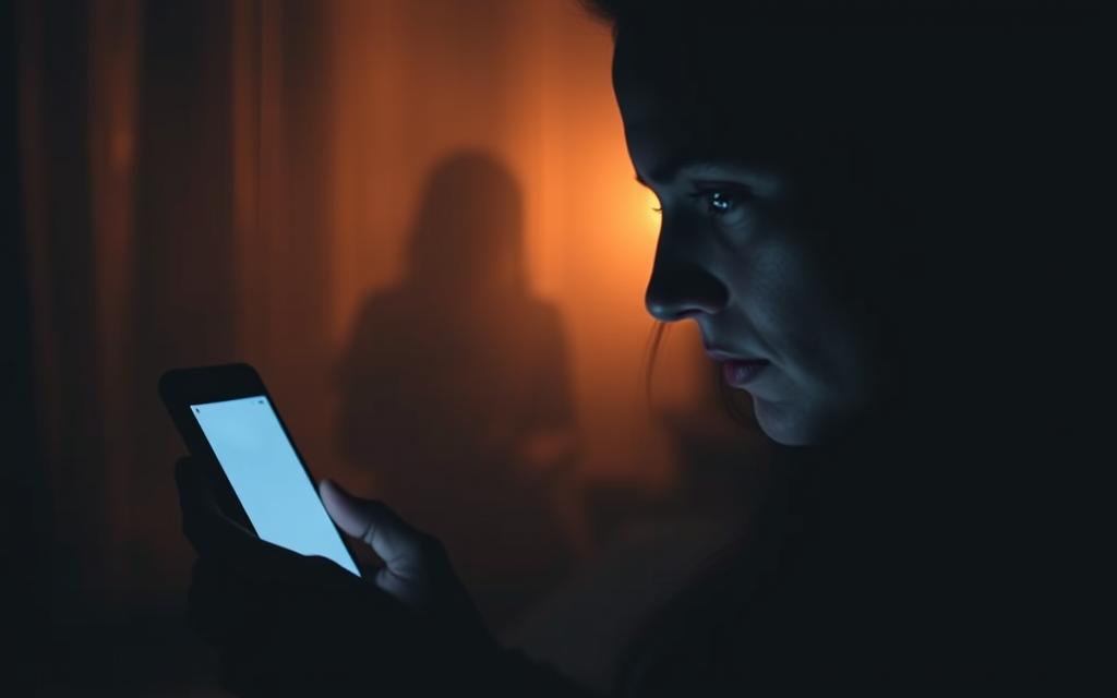 A dimly lit room, shadows blurring the lines between physical and digital realms. In the foreground, a smartphone screen glows, its light casting an ethereal hue on a person's face, their expression a mix of anticipation and guilt. The middle ground reveals a blurred, faceless figure, representing the elusive 'other' in this digital dance of infidelity. The background is shrouded in a soft, dreamlike fog, hinting at the hazy, uncertain boundaries between reality and the virtual world. The scene is lit by a warm, subtle glow, emphasizing the intimate, clandestine nature of the moment. Textures and details are softened, mimicking the blurred lines of emotional and physical boundaries.