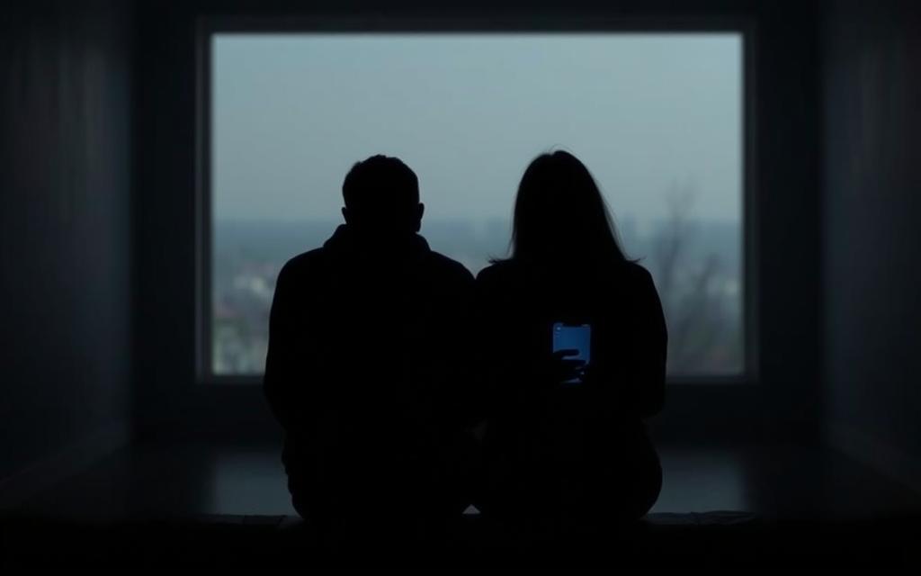 A dimly lit room, shadows cast across the walls, a sense of disconnection palpable. In the foreground, two figures sit side by side, their bodies turned away, faces obscured, phones in hand, the glow of the screens casting an eerie light. The middle ground is hazy, a visual representation of the emotional distance between them. The background fades into a blurred, indistinct landscape, emphasizing the isolation and detachment. The image conveys a profound sense of loneliness and the breakdown of communication, a visual metaphor for the "Unreachable Partners and Shifting Communication Patterns" described in the article. A dimly lit room, shadows cast across the walls, a sense of disconnection palpable. In the foreground, two figures sit side by side, their bodies turned away, faces obscured, phones in hand, the glow of the screens casting an eerie light. The middle ground is hazy, a visual representation of the emotional distance between them. The background fades into a blurred, indistinct landscape, emphasizing the isolation and detachment. The image conveys a profound sense of loneliness and the breakdown of communication, a visual metaphor for the "Unreachable Partners and Shifting Communication Patterns" described in the article.