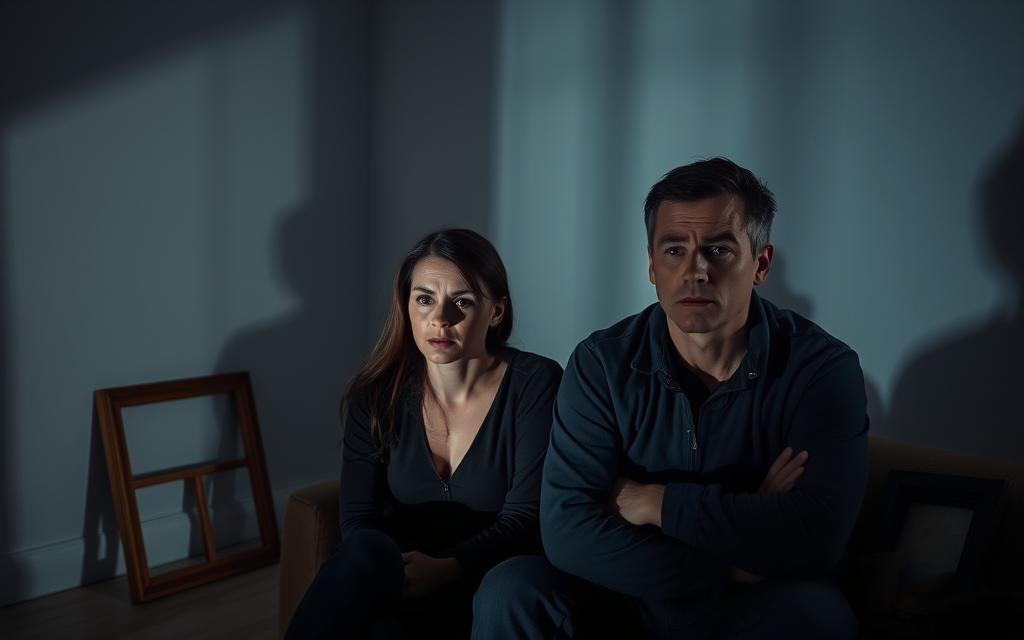 A dimly lit room, shadows casting long, ominous shapes across the walls. In the foreground, a tense, uneasy couple sits together, their body language stiff and disengaged. The woman's eyes dart away, her expression guarded, while the man's brow is furrowed, his mouth set in a hard line. In the background, a shattered picture frame lies on the floor, symbolizing the fractures in their relationship. The lighting is harsh, creating a sense of unease and discomfort, as if the very air in the room is charged with tension. The overall atmosphere is one of unease, mistrust, and the sense that something is deeply amiss.
