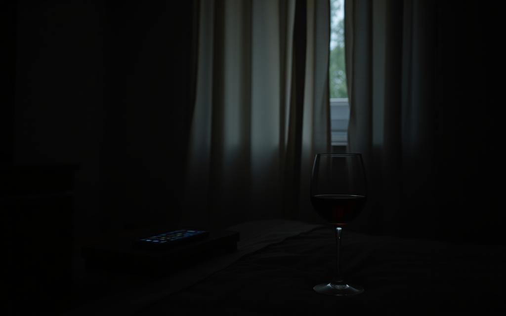 A dimly lit room, shadows creeping across the walls. On a bedside table, a phone screen glows, notifications unanswered. The curtains drawn, sunlight struggling to break through. A sense of isolation, of a partner who is physically present yet emotionally distant. The atmosphere is heavy, charged with unspoken tension. In the foreground, a half-empty glass of wine, forgotten, as if the owner has slipped away. The scene speaks of missed connections, of a partner who is perpetually just out of reach, lost in their own world.