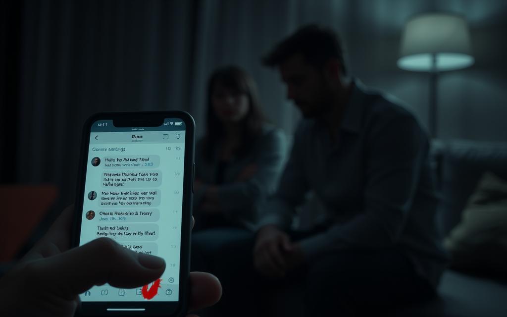 A dimly lit room, shadowy figures in the foreground, subtle hints of unease and mistrust. A smartphone screen displays suspicious messages, a wallet with unfamiliar receipts, and a half-hidden lipstick mark on a shirt collar. In the middle ground, a couple sits tensely, faces turned away from each other. The background is blurred, emphasizing the focus on the relationship's red flags. Cinematic lighting creates a sense of drama and foreboding, as if capturing a moment of confrontation or discovery. The overall atmosphere conveys a sense of unease, betrayal, and the need for caution in the face of potential infidelity.