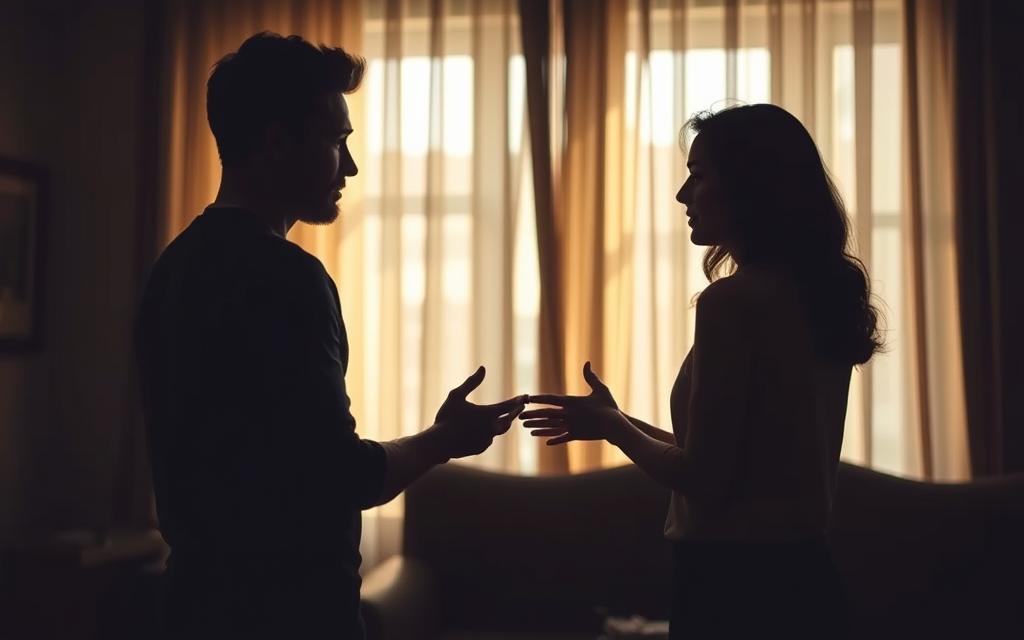 A dimly lit room, soft natural lighting filtering through curtains, casting warm hues. Two individuals, their bodies angled towards each other, engaged in a conversation. Their posture, gestures, and facial expressions convey a sense of intimacy, tension, or emotional distance. The background is blurred, subtly suggesting the private, personal nature of the exchange. The scene captures the nuanced, nonverbal communication that shapes the dynamics of a relationship, hinting at the complexities beneath the surface.