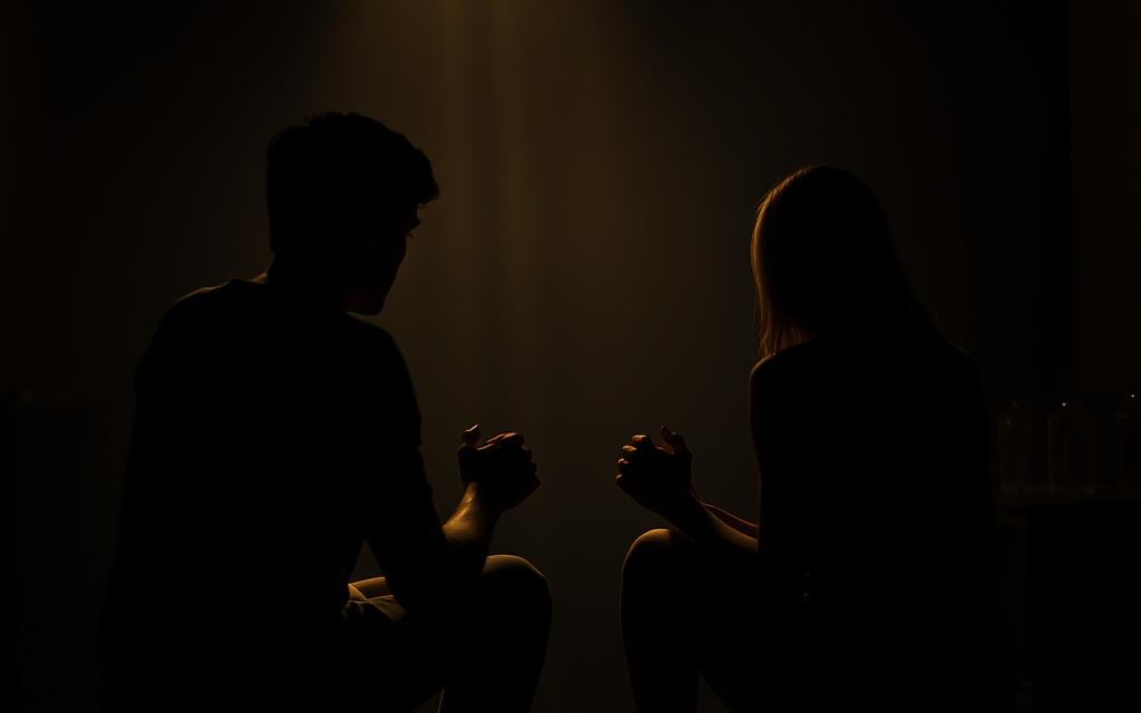 A dimly lit room, the air heavy with tension and unspoken words. In the foreground, two figures sit facing each other, their bodies angled away, hands clasped tightly, conveying a sense of guarded communication. The background is shrouded in shadows, hinting at the secrets and hidden desires that linger in the relationship. Soft, warm lighting casts a subtle glow, creating an intimate and introspective atmosphere. The camera angle is slightly elevated, giving the viewer a sense of observing a private moment, a window into the complex dynamics of this relationship.