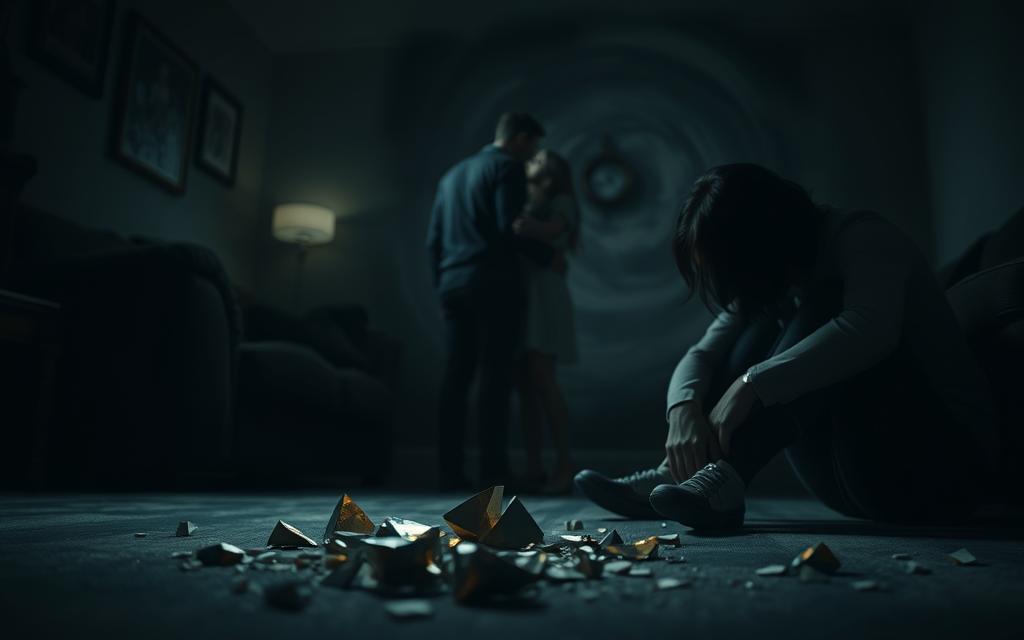 A dimly lit room, the air thick with tension. In the foreground, a figure sits hunched, their face obscured by shadows, hands trembling. Shattered pieces of a once cherished memento lie scattered at their feet, symbolizing the breakdown of trust. The middle ground reveals a blurred, indistinct couple, their bodies language conveying a sense of distance and betrayal. In the background, a swirling vortex of emotions – hurt, anger, and a deep sense of loss – is captured through the use of dramatic lighting and swirling, abstract brushstrokes. The overall atmosphere is one of vulnerability, pain, and the profound impact of infidelity.