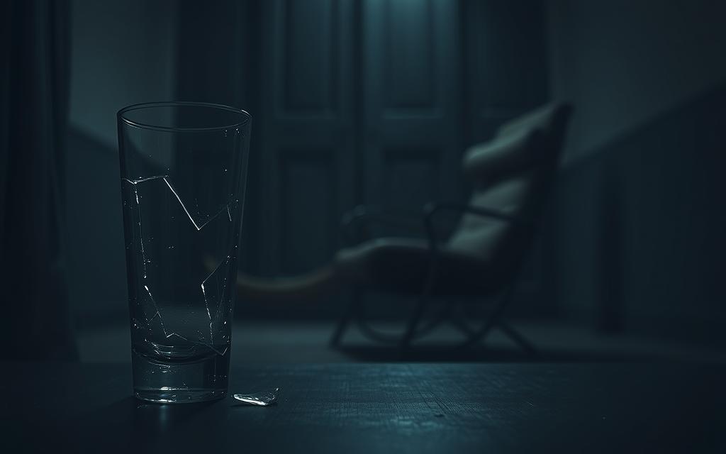 A dimly lit room, the air thick with tension. In the foreground, a shattered glass, its jagged edges reflecting the low light - a symbol of the fragility of trust. Across the room, a turned-over chair, its overturned position suggesting a hasty departure. The background is blurred, but the lingering sense of betrayal is palpable, like a shadow cast over the scene. The lighting is moody, casting deep shadows and highlights that accentuate the emotional weight of the moment. The overall composition evokes a sense of unease and the lingering aftermath of a betrayal, leaving the viewer to ponder the unseen drama that unfolded.