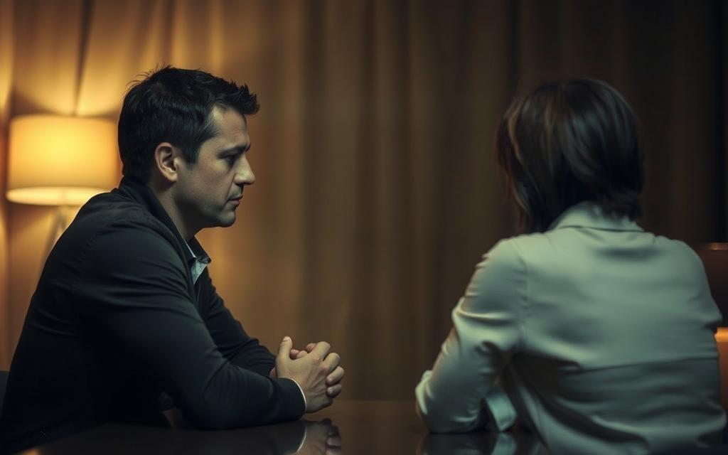 A dimly lit room, the air thick with tension. In the foreground, two figures sit across a table, their body language conveying a sense of distance and unease. The man's brow is furrowed, his hands clenched, while the woman's gaze is averted, her expression pained. The background is hazy, suggesting a lack of clarity and understanding. Warm, muted tones create a somber, contemplative atmosphere, inviting the viewer to delve into the nuances of infidelity and the complexities of defining it within the context of a relationship.