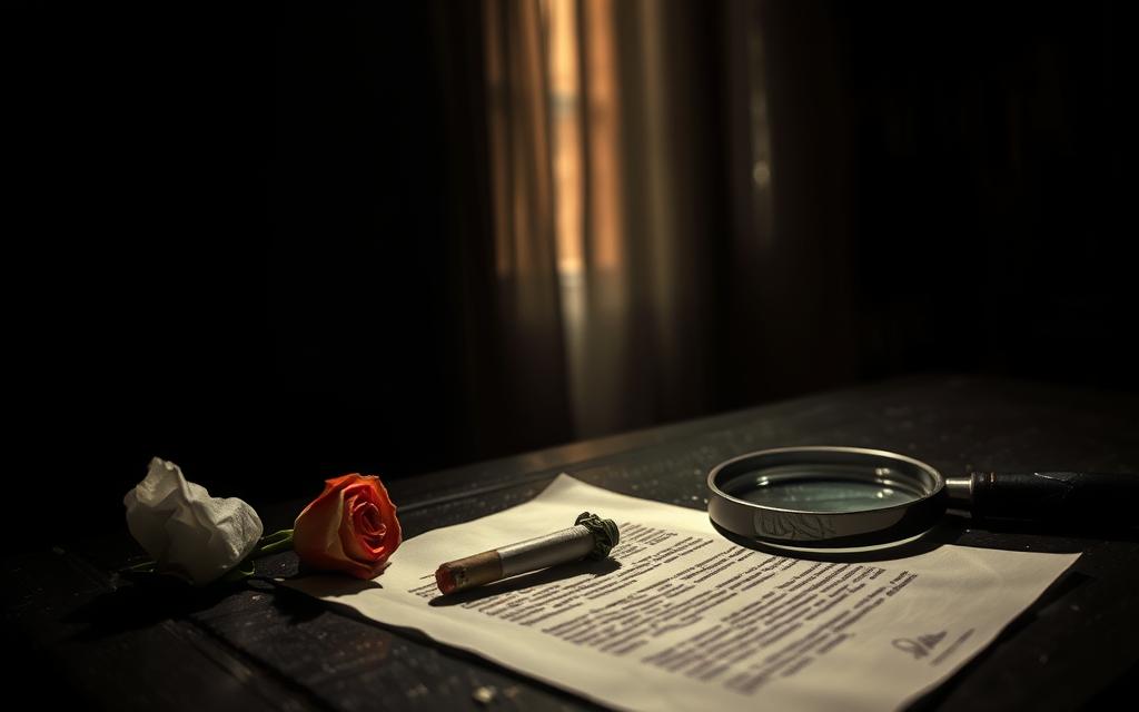 A dimly lit room, the air thick with tension. On a table, a crumpled letter, a lipstick-stained cigarette, and a single rose, its petals wilting. The light casts long shadows, hinting at the betrayal that has occurred. A magnifying glass rests nearby, suggesting an investigation into the evidence of infidelity. The scene is moody, with a sepia-toned palette and a sense of melancholy, reflecting the pain and disillusionment of the situation.