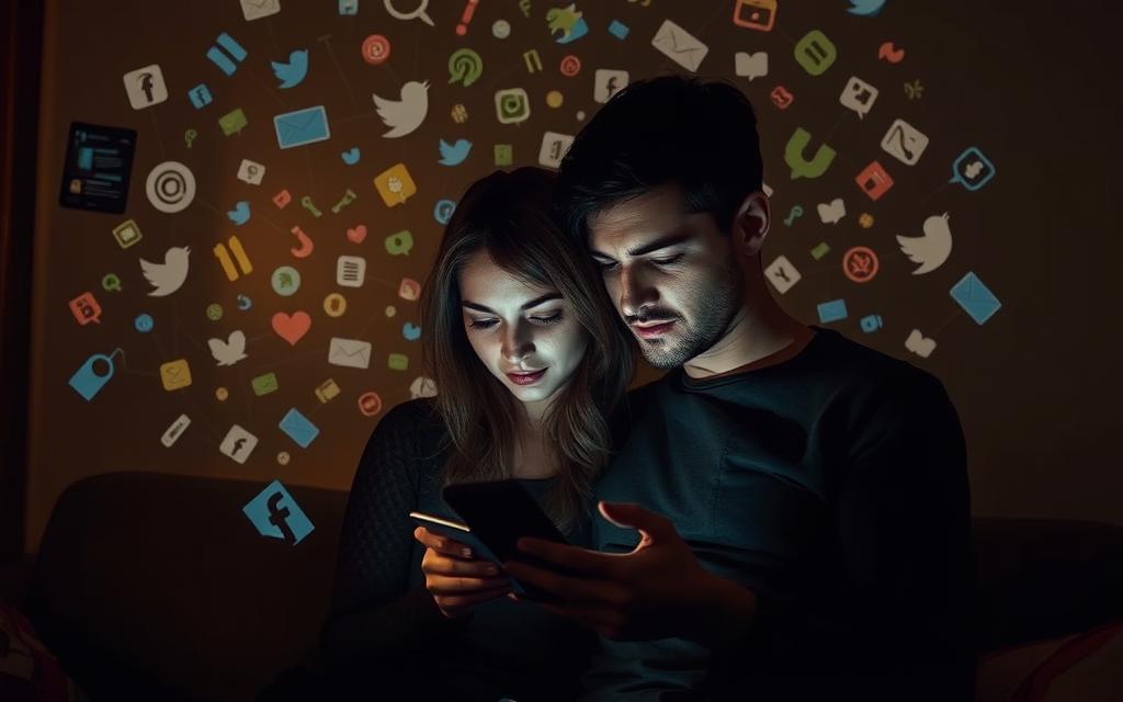 A dimly lit room, the soft glow of digital screens casting shadows on the faces of a couple locked in an embrace, their eyes fixed on their devices. In the background, a chaotic web of social media icons, text messages, and notifications swirls, symbolizing the ever-present temptation of digital infidelity. The scene is imbued with a sense of melancholy and isolation, highlighting the growing disconnect between physical and emotional intimacy in the modern age. A wide-angle lens captures the tension, while warm, moody lighting adds to the somber tone.
