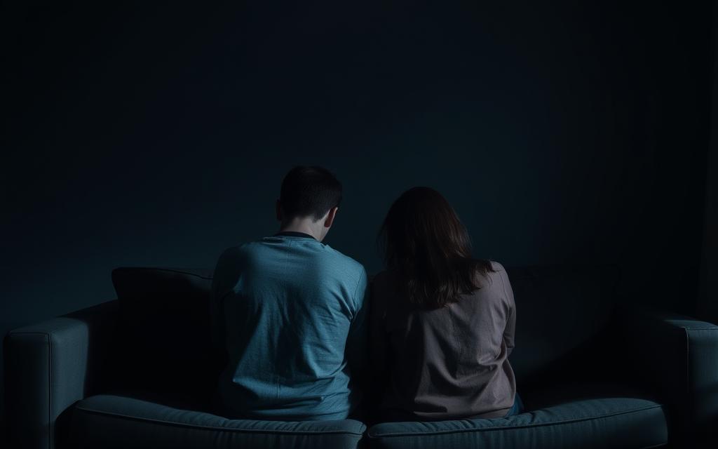 A dimly lit room, with a couple sitting on a couch, their bodies turned away from each other, their eyes downcast. The atmosphere is heavy with tension and emotional distance. The lighting is soft and muted, casting shadows that accentuate the disconnection between the two individuals. The colors are muted, with hues of gray and blue predominating, reflecting the emotional coldness of the scene. The couple appears isolated, their world reduced to the small space they occupy, yet they remain disconnected, their minds and hearts miles apart.