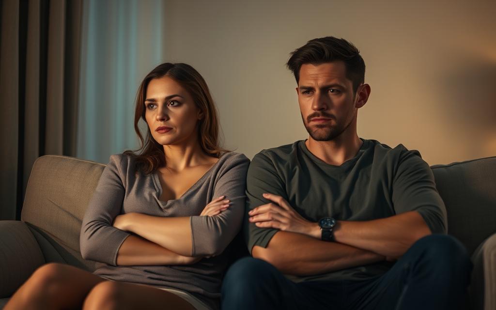 A dimly lit room with a couple sitting on a couch, their body language and facial expressions conveying tension and distrust. The woman's gaze is averted, her arms crossed defensively, while the man's expression is guarded and evasive. The scene is captured with a shallow depth of field, emphasizing the emotional distance between the two. The lighting is warm yet muted, creating an atmosphere of unease and uncertainty. The background is softly blurred, allowing the focus to remain on the couple's interaction and potential signs of infidelity.